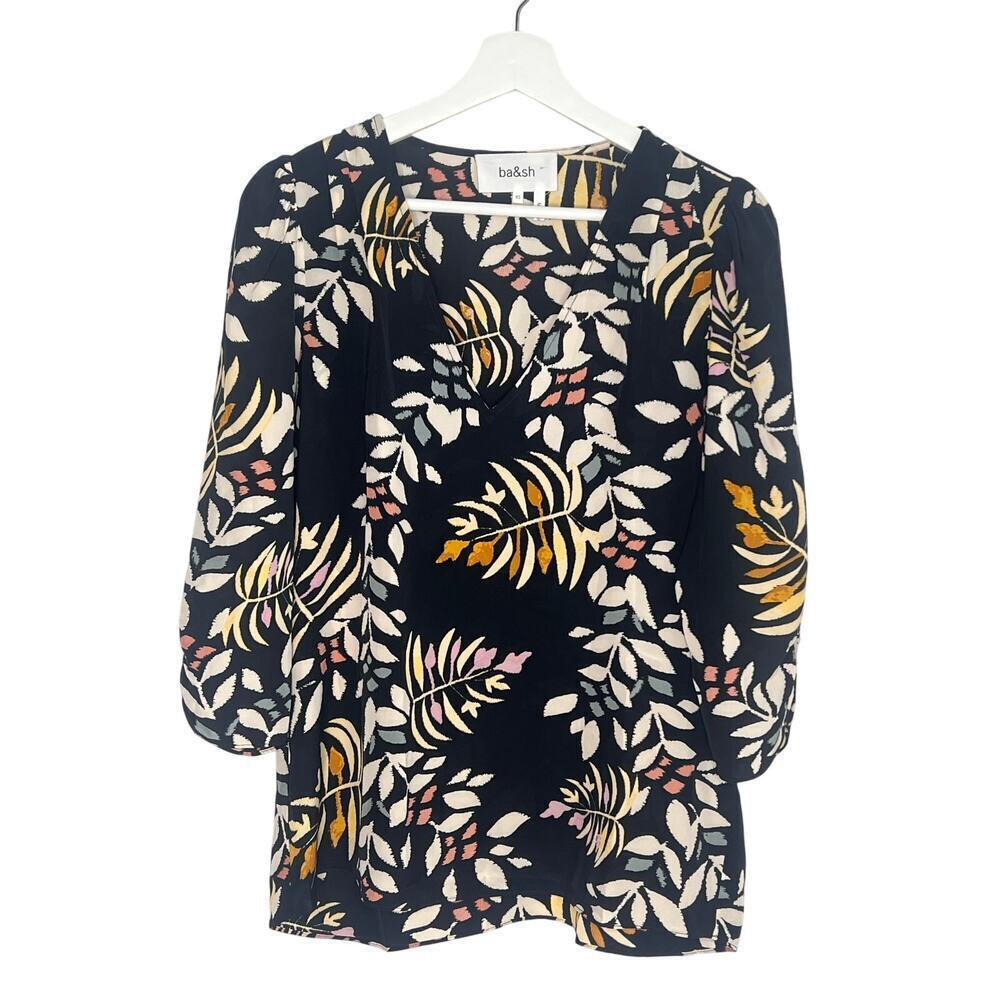 Ba&sh Cross 3/4 Sleeve V-Neck Blouse Black W/ Multicolored Leaf Print XS / US 2 - Picture 2 of 10